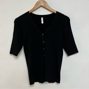 Wishlist Black Ribbed Knit Fitted V-Neck Stretch Cardigan Sweater, Med